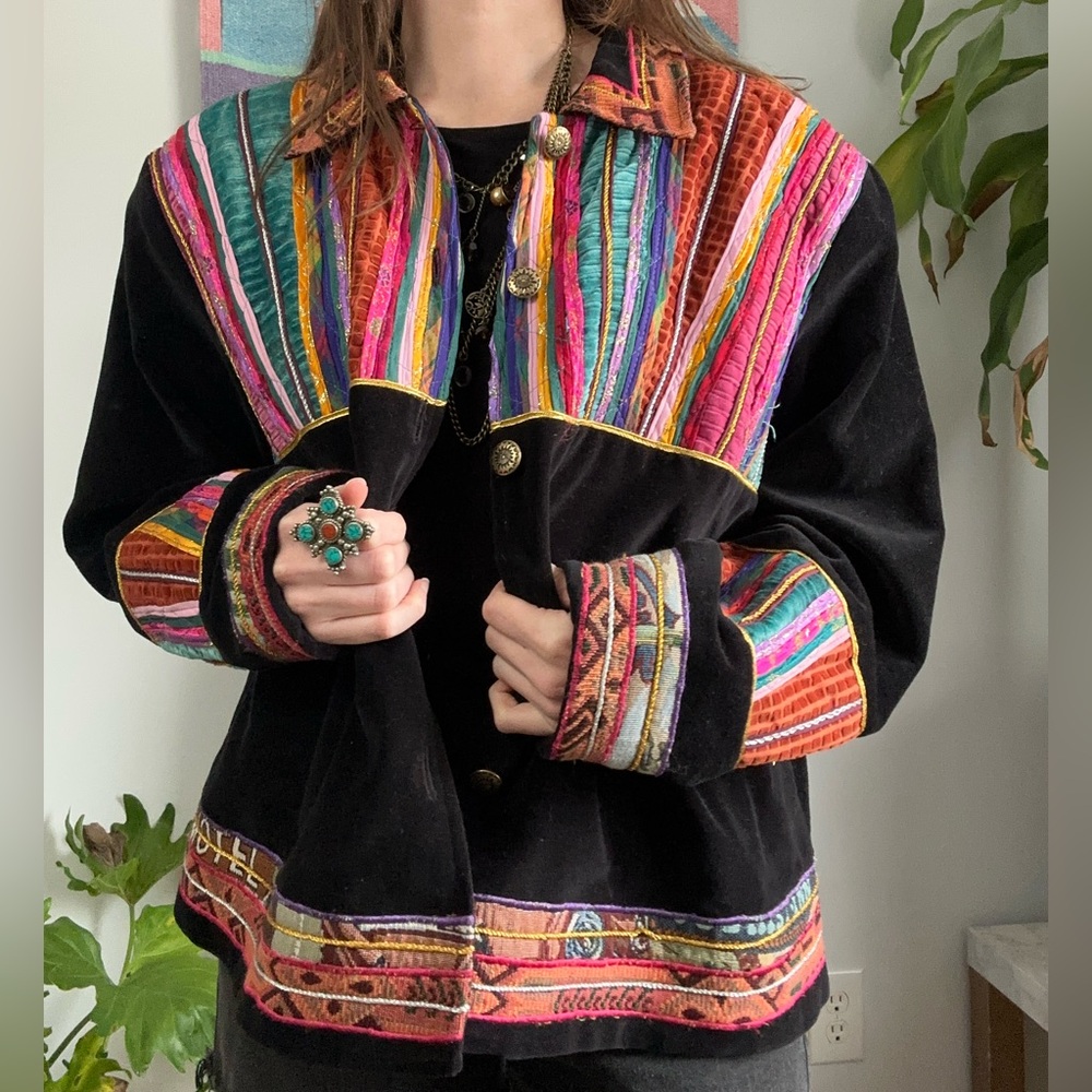 Vintage Coldwater Creek Colorful Patchwork Velvet Blazer Jacket B2